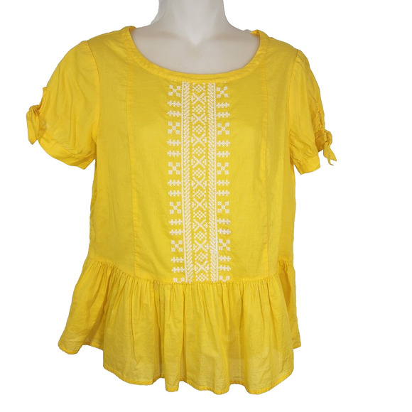 J. Crew Women's Top Size 2 Embroidered Peplum Tie Short Sleeve Yellow Popover - Picture 1 of 11